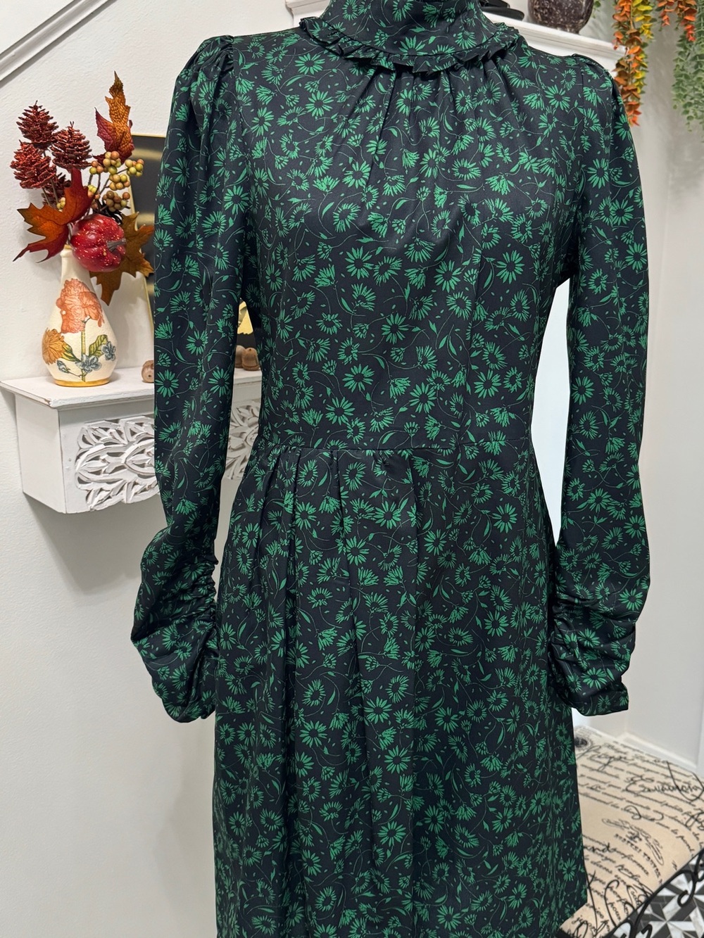 High-Neck Asymmetrical Black Dress with Green Floral Print